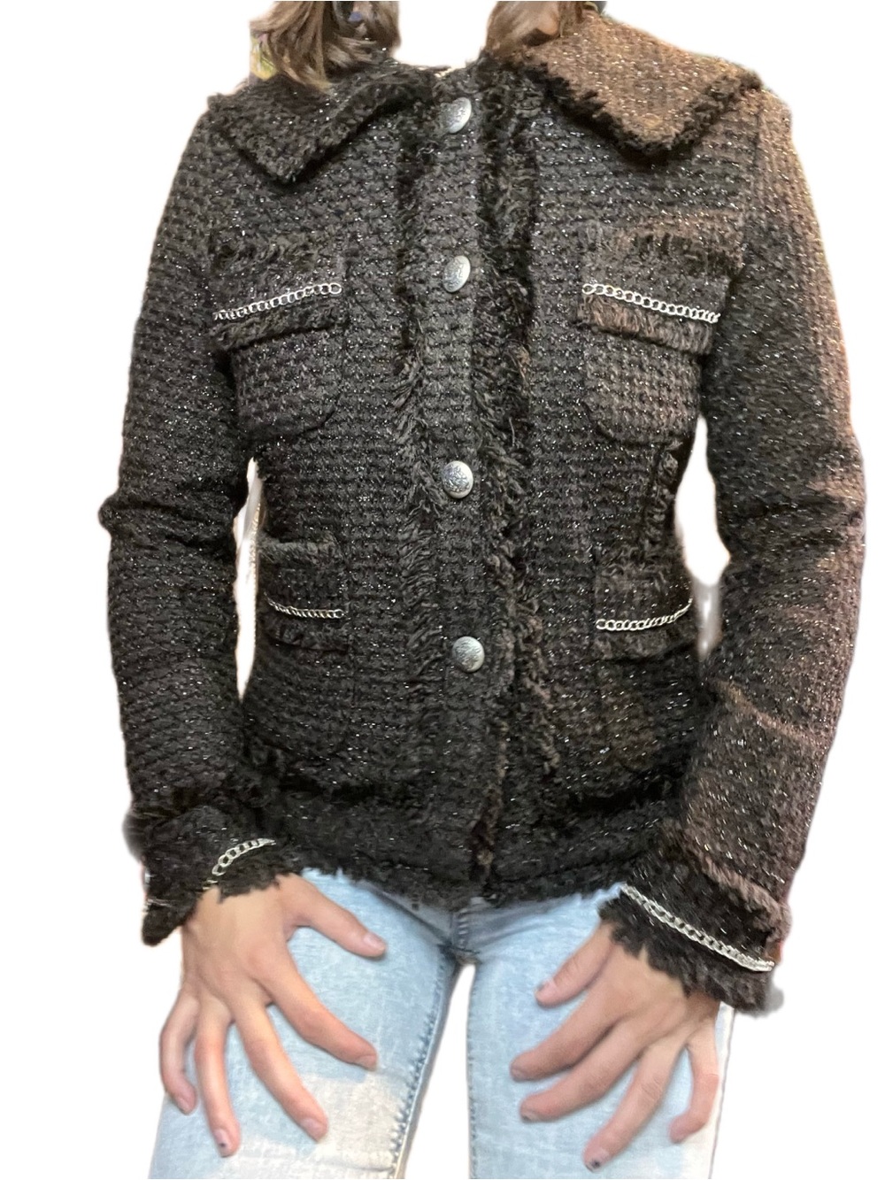 JOCKEY Japan Black Wool Tweed Chain Trim Blazer Jacket Crest Buttons Size 42 L